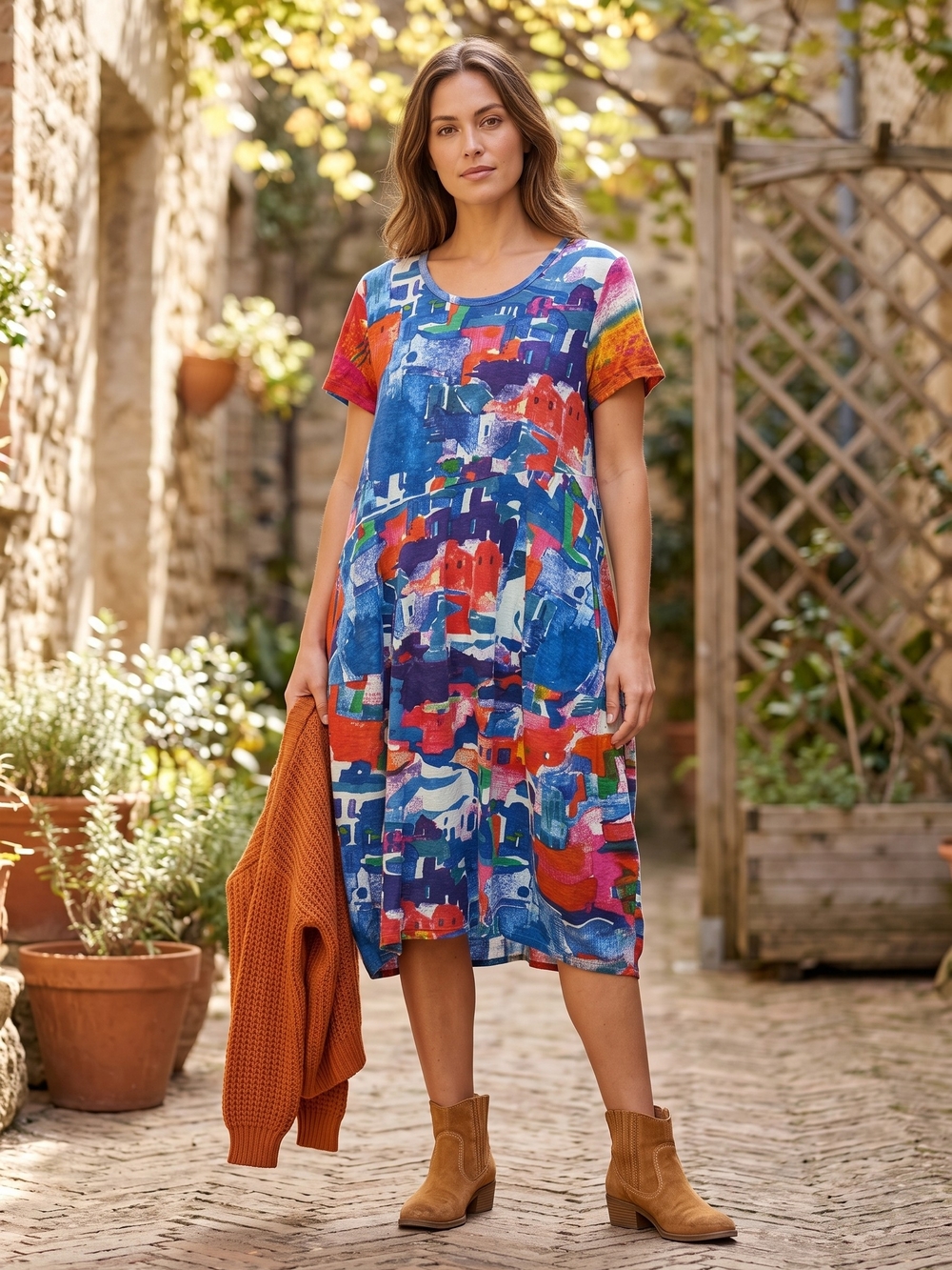 Orientique Santorini Organic Cotton Artsy Lagenlook Bubble Midi Dress NWT
